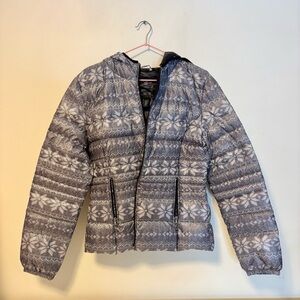 Halifax Traders Fair Isle Full Zip Hooded Down Puffer Jacket Grey Women‎s L
